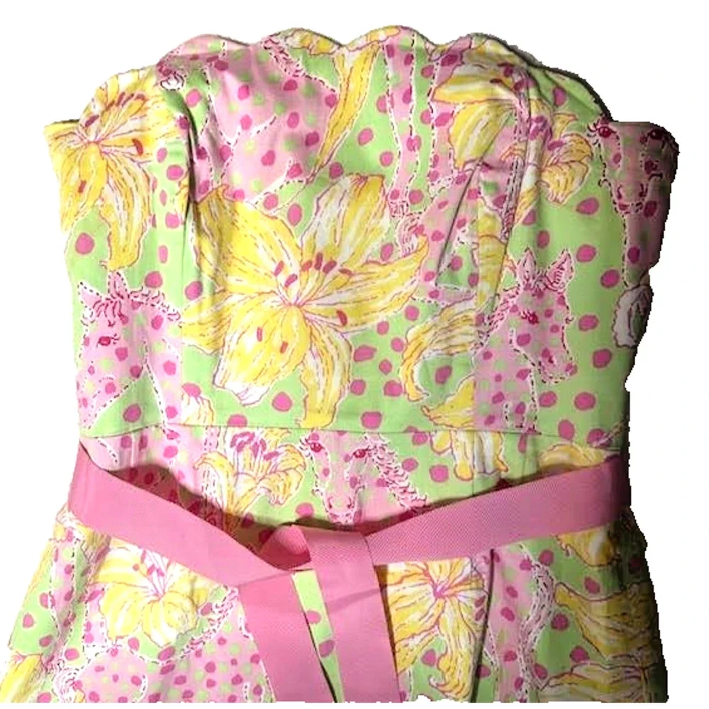 Lilly Pulitzer Strapless Floral Dress Pink Green Cotton Summer Sundress Sz 8 - Picture 3 of 14